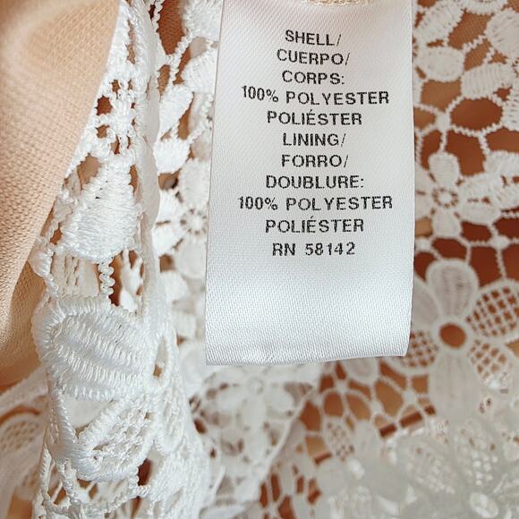 Donna Morgan White Floral Crochet Tan Lined One Shoulder Ruffle Mini Dress Sz 10 - Picture 9 of 13